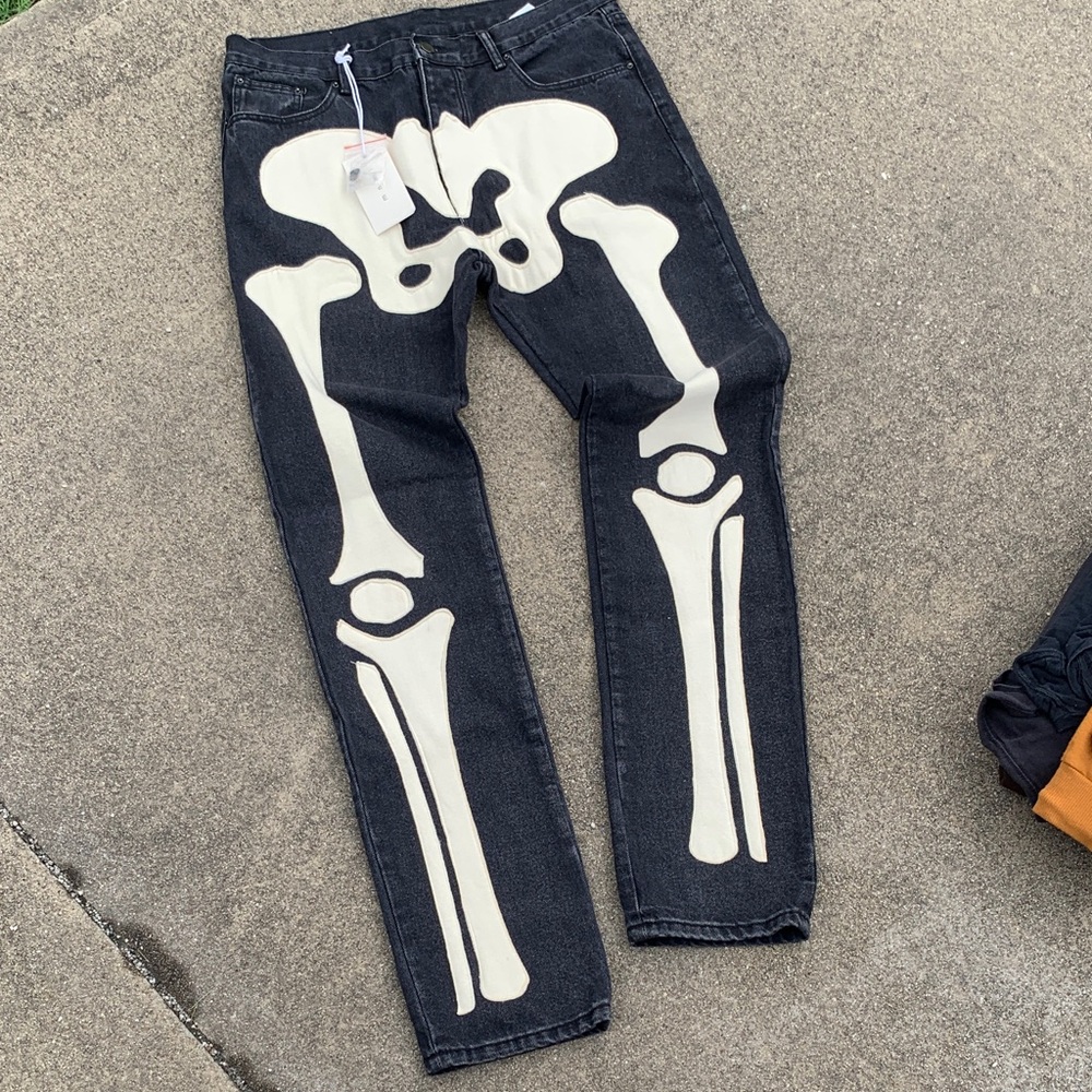 Men's Black Denim Jeans with White Skeleton Print